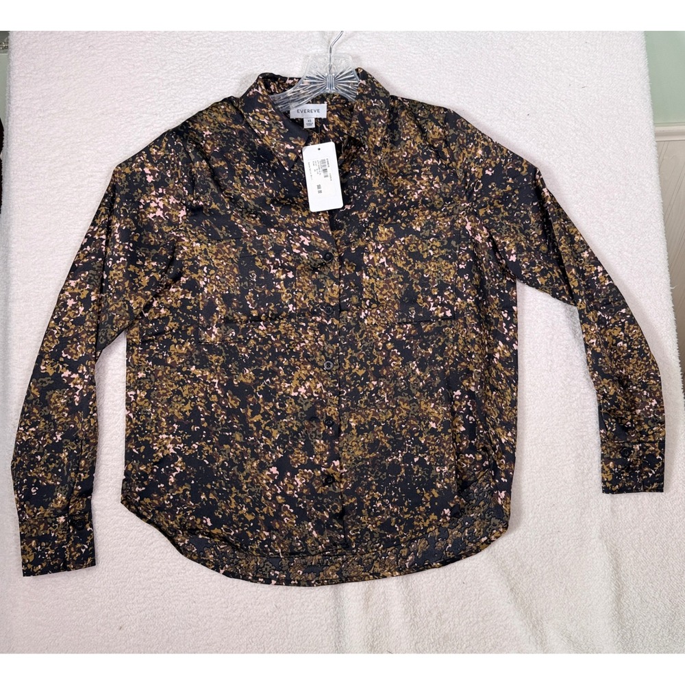 Evereve Sasha Satin Shirt XS Olive Green Abstract Camo Button Up Blouse NWT New